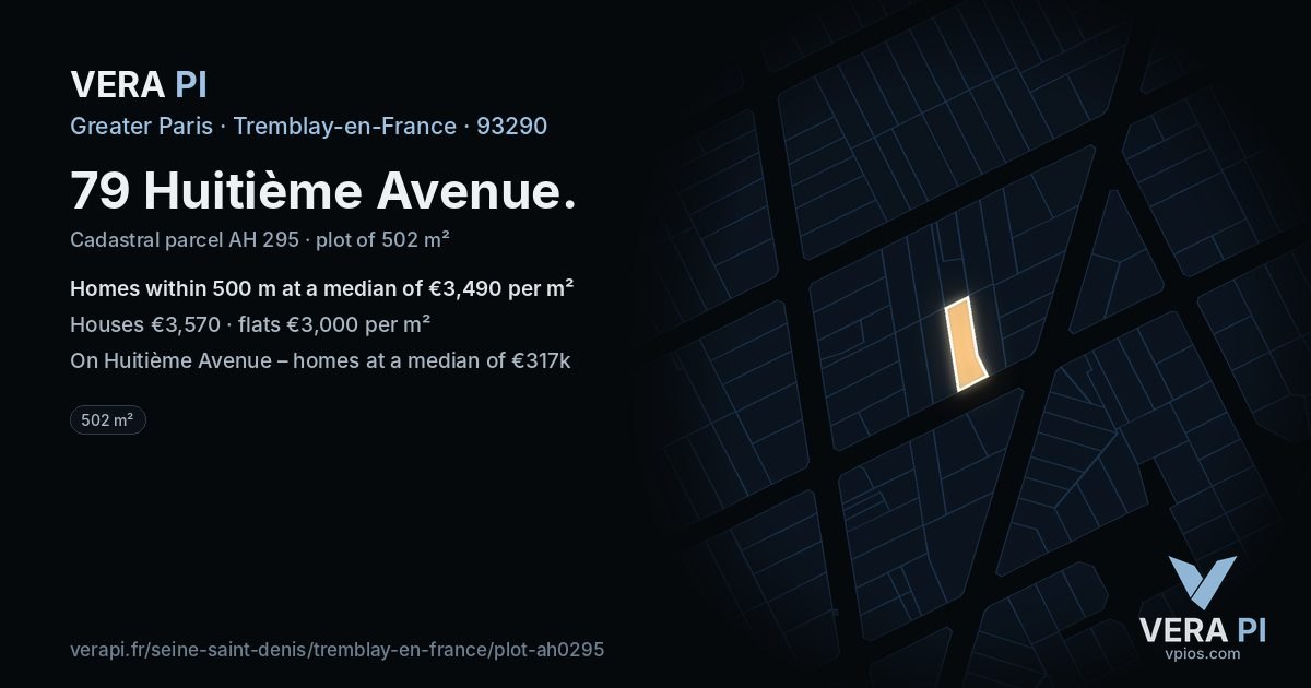79 Huitième Avenue, Tremblay-en-France at night – the plot lit, the parcels around coloured by the prices near them