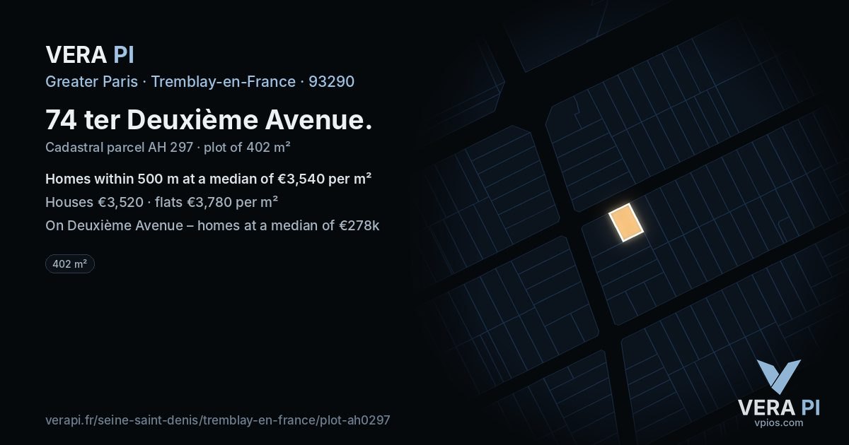 74 ter Deuxième Avenue, Tremblay-en-France at night – the plot lit, the parcels around coloured by the prices near them