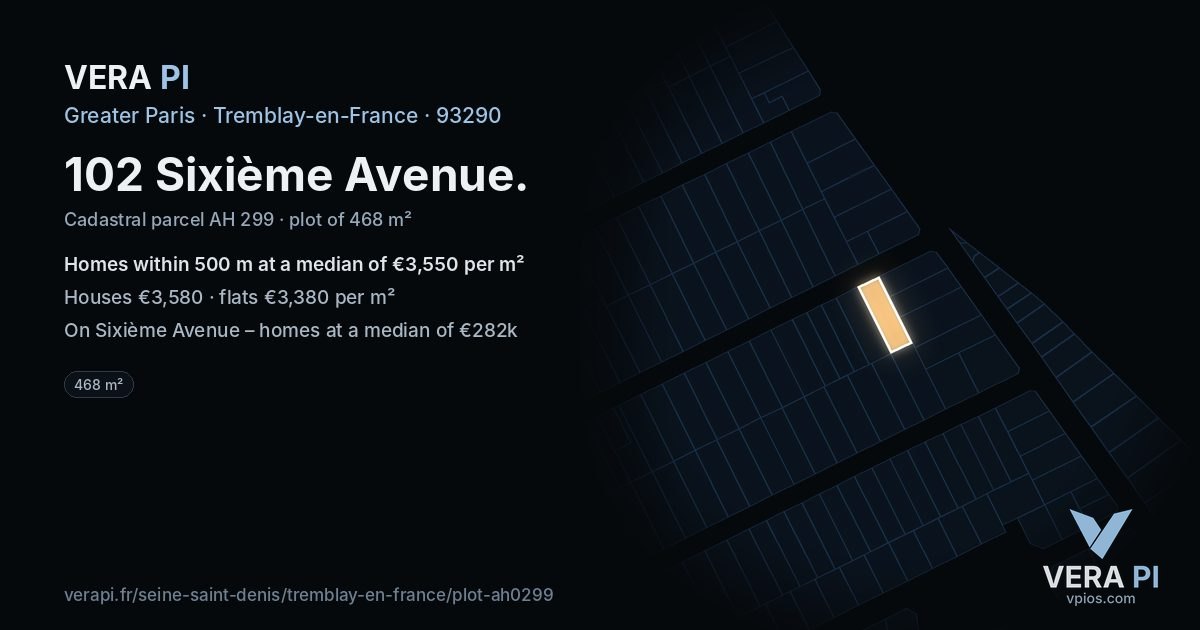 102 Sixième Avenue, Tremblay-en-France at night – the plot lit, the parcels around coloured by the prices near them