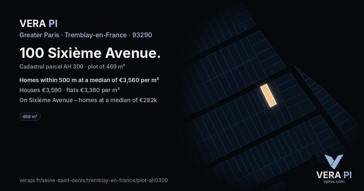 100 Sixième Avenue, Tremblay-en-France at night – the plot lit, the parcels around coloured by the prices near them