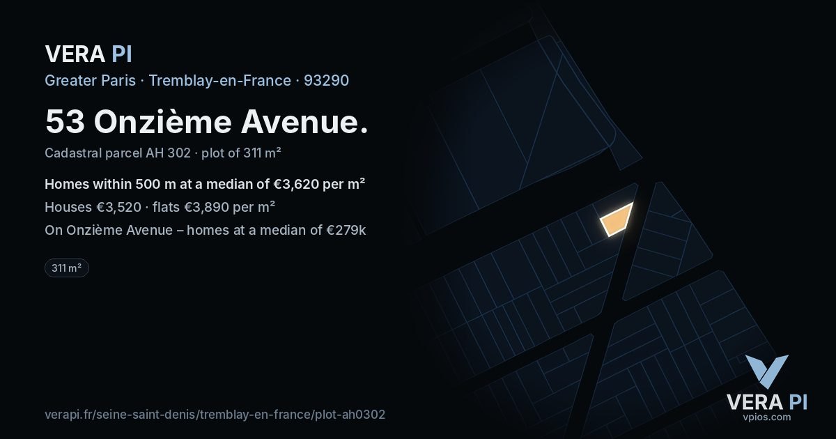 53 Onzième Avenue, Tremblay-en-France at night – the plot lit, the parcels around coloured by the prices near them