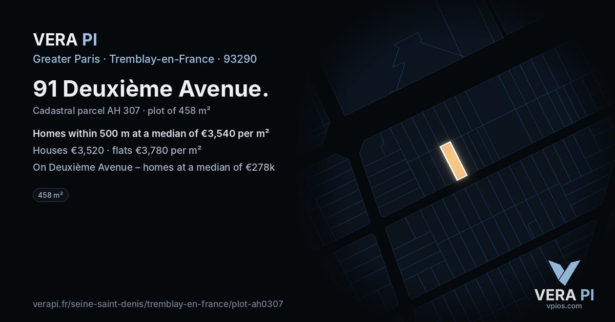 91 Deuxième Avenue, Tremblay-en-France at night – the plot lit, the parcels around coloured by the prices near them