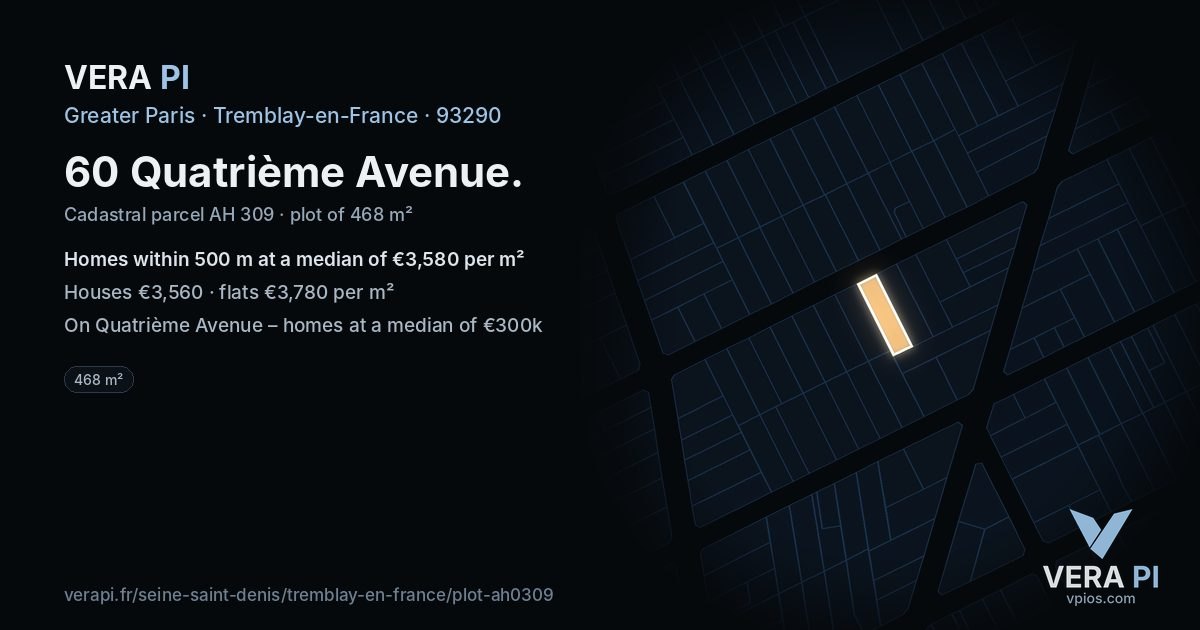 60 Quatrième Avenue, Tremblay-en-France at night – the plot lit, the parcels around coloured by the prices near them