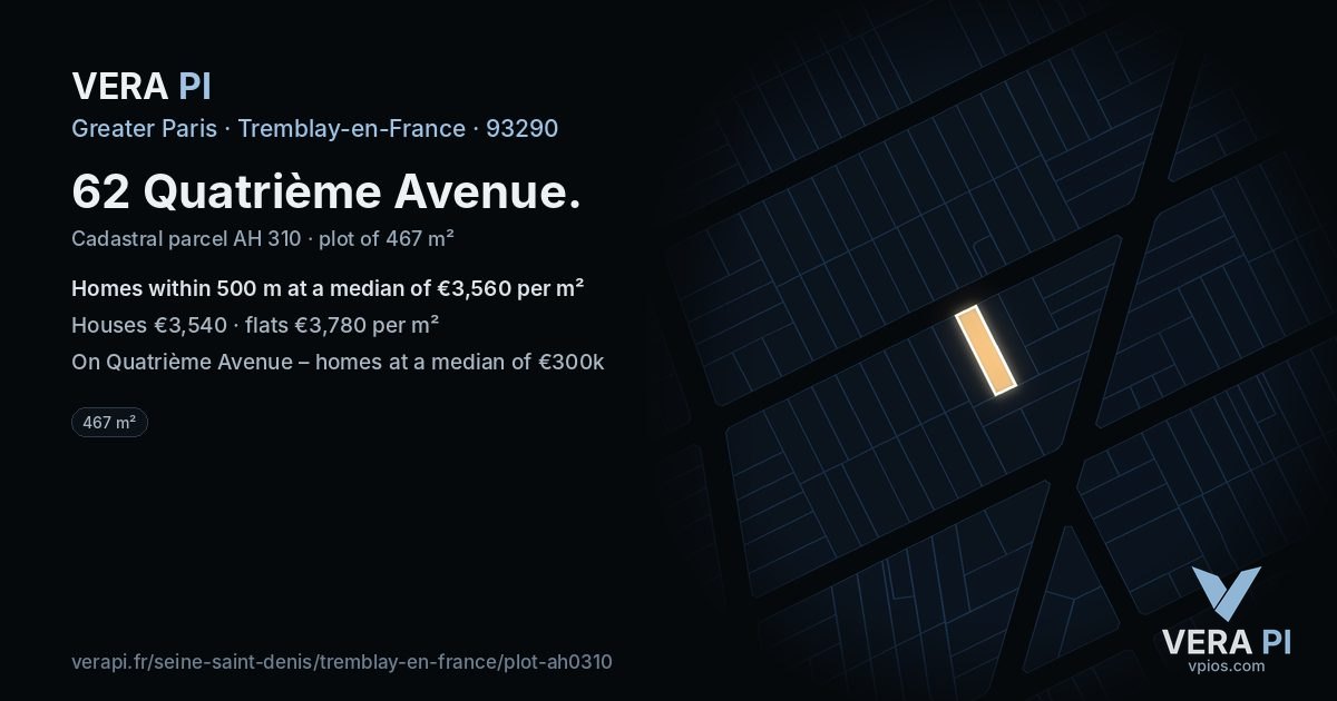 62 Quatrième Avenue, Tremblay-en-France at night – the plot lit, the parcels around coloured by the prices near them