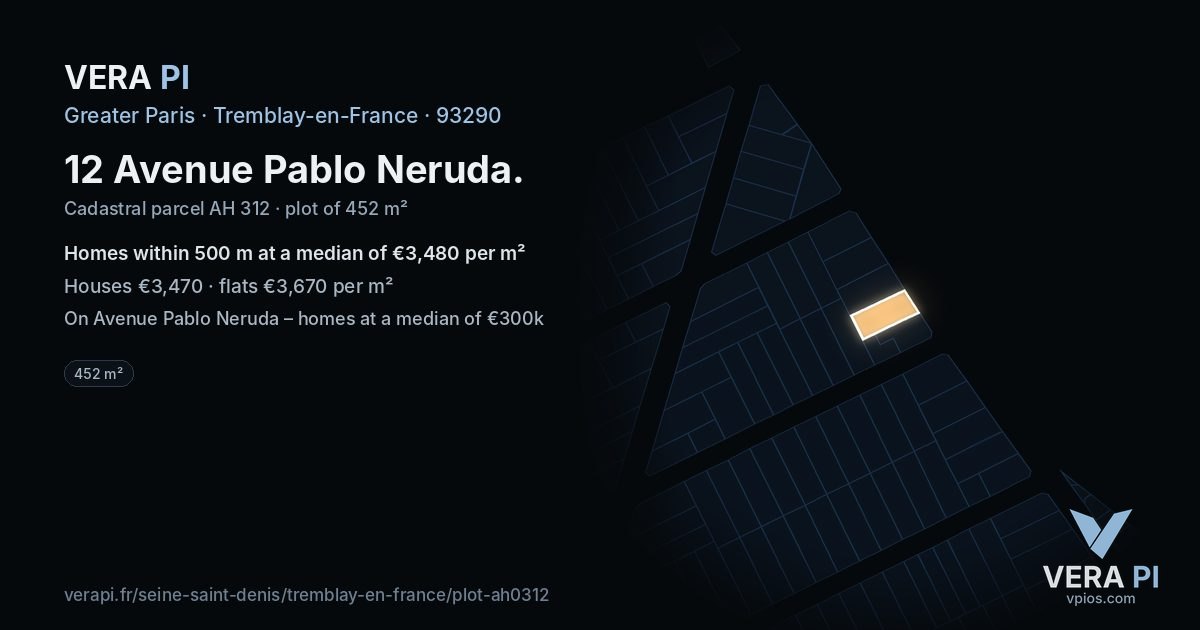 12 Avenue Pablo Neruda, Tremblay-en-France at night – the plot lit, the parcels around coloured by the prices near them