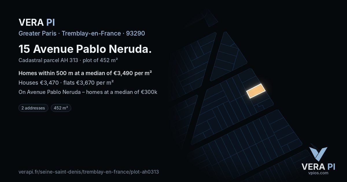 15 Avenue Pablo Neruda, Tremblay-en-France at night – the plot lit, the parcels around coloured by the prices near them