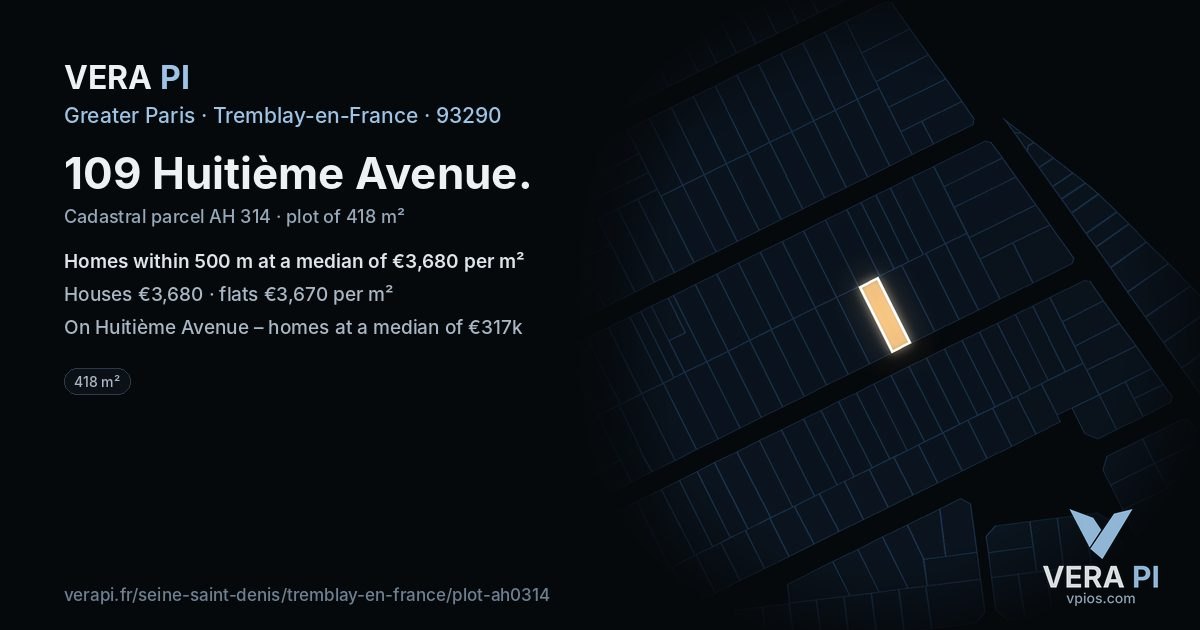 109 Huitième Avenue, Tremblay-en-France at night – the plot lit, the parcels around coloured by the prices near them
