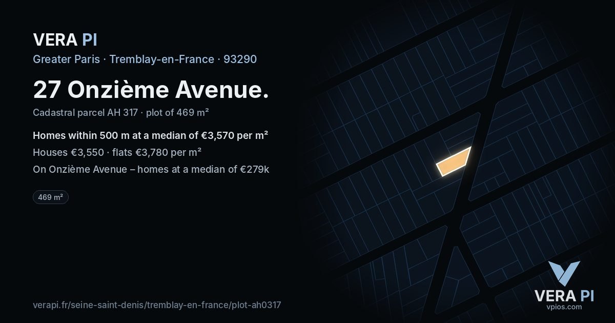 27 Onzième Avenue, Tremblay-en-France at night – the plot lit, the parcels around coloured by the prices near them
