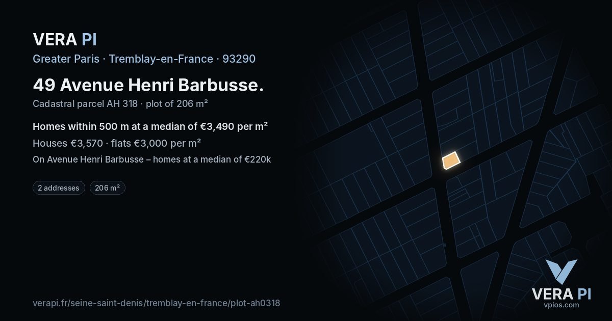 49 Avenue Henri Barbusse, Tremblay-en-France at night – the plot lit, the parcels around coloured by the prices near them