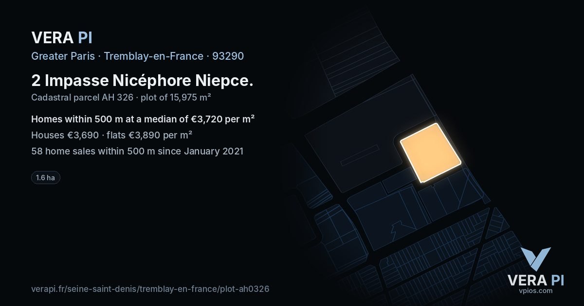 2 Impasse Nicéphore Niepce, Tremblay-en-France at night – the plot lit, the parcels around coloured by the prices near them