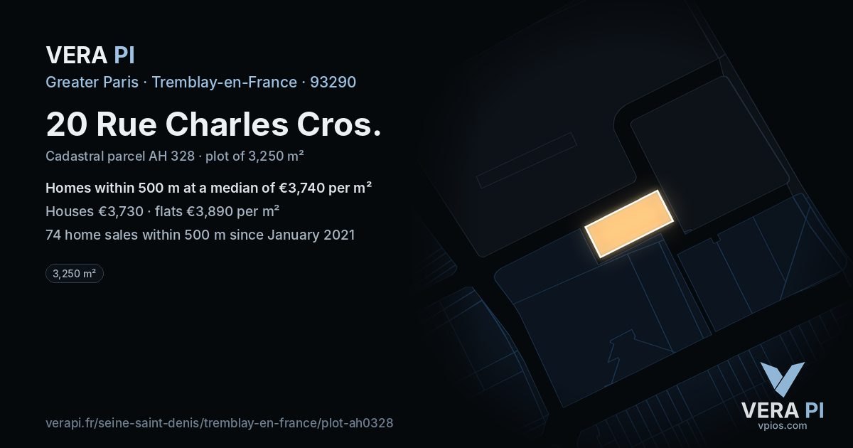 20 Rue Charles Cros, Tremblay-en-France at night – the plot lit, the parcels around coloured by the prices near them