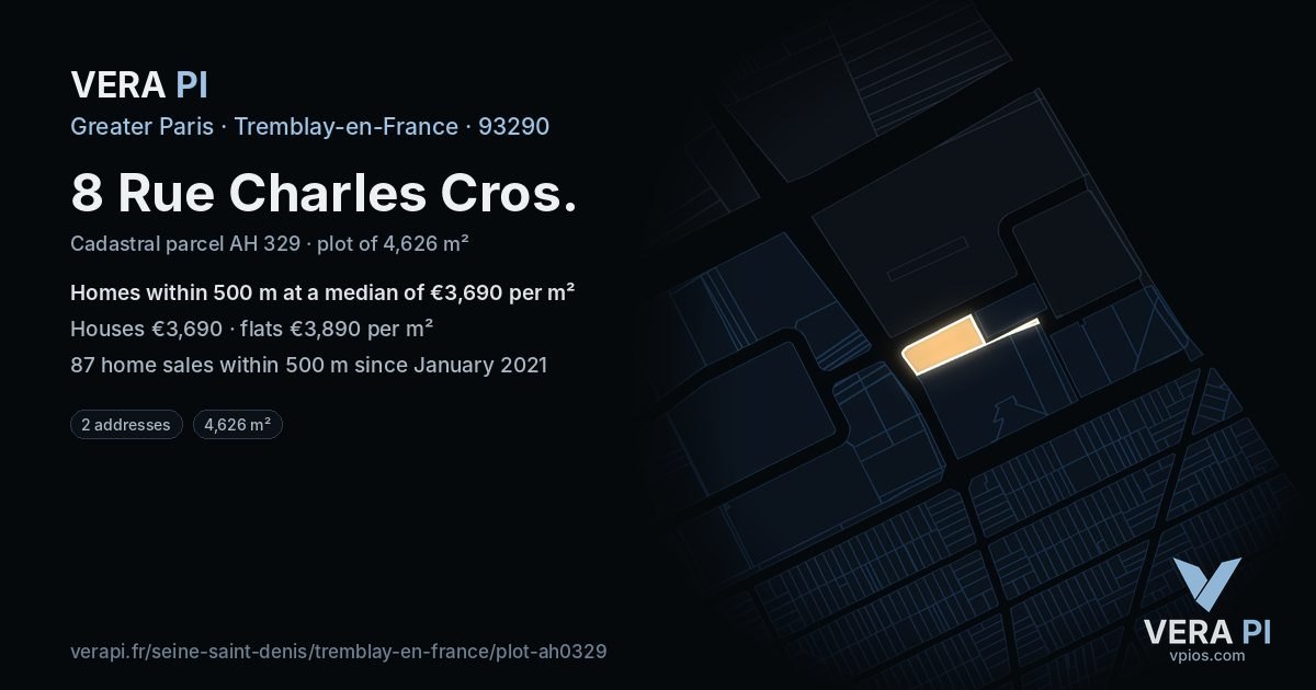 8 Rue Charles Cros, Tremblay-en-France at night – the plot lit, the parcels around coloured by the prices near them