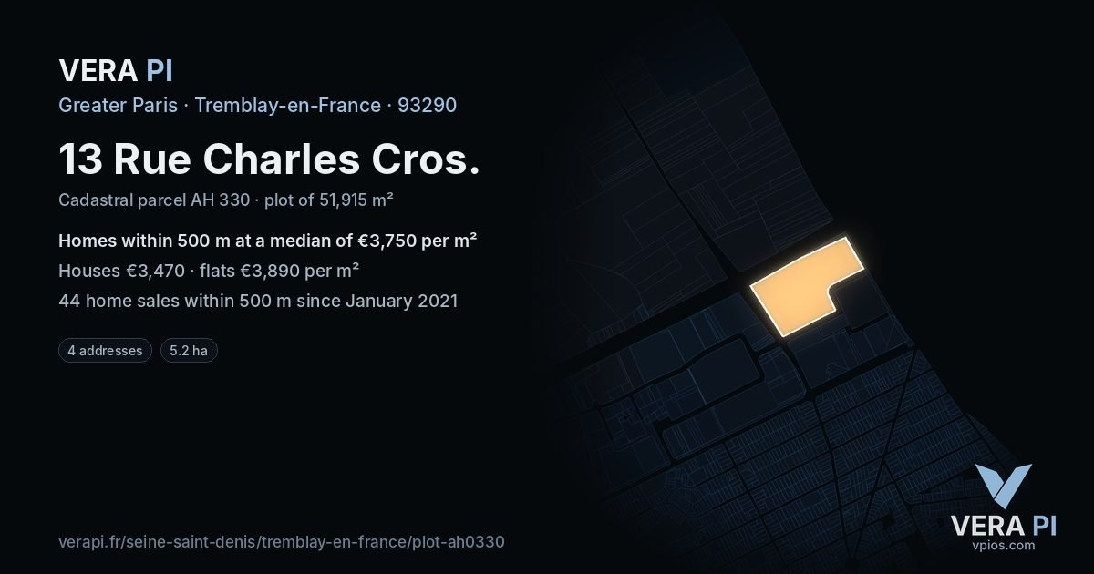 13 Rue Charles Cros, Tremblay-en-France at night – the plot lit, the parcels around coloured by the prices near them