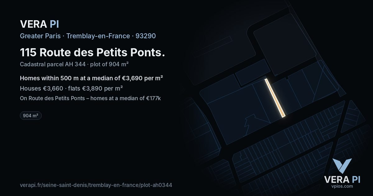 115 Route des Petits Ponts, Tremblay-en-France at night – the plot lit, the parcels around coloured by the prices near them