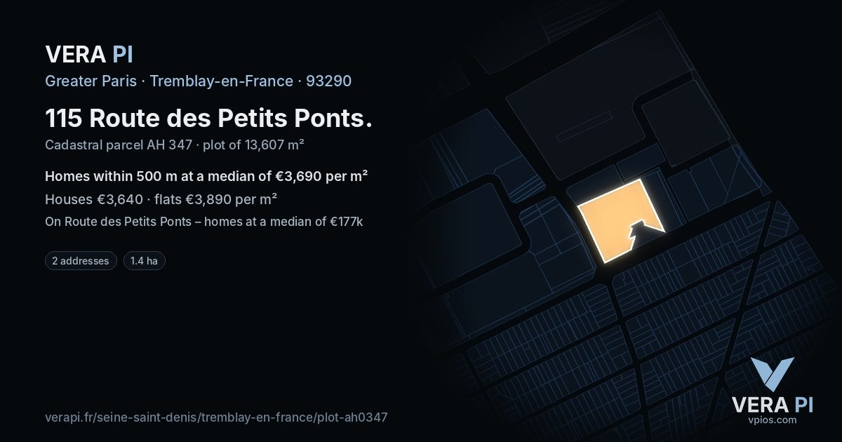 115 Route des Petits Ponts, Tremblay-en-France at night – the plot lit, the parcels around coloured by the prices near them