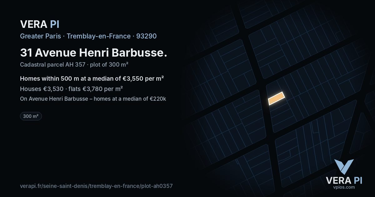 31 Avenue Henri Barbusse, Tremblay-en-France at night – the plot lit, the parcels around coloured by the prices near them