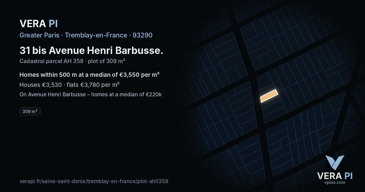 31 bis Avenue Henri Barbusse, Tremblay-en-France at night – the plot lit, the parcels around coloured by the prices near them