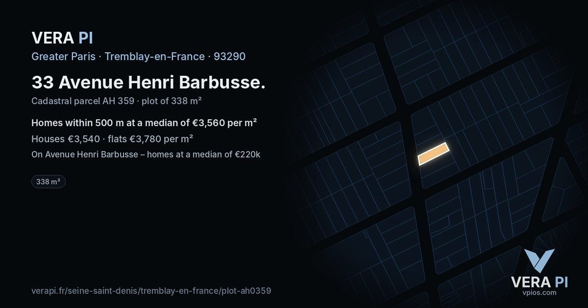 33 Avenue Henri Barbusse, Tremblay-en-France at night – the plot lit, the parcels around coloured by the prices near them