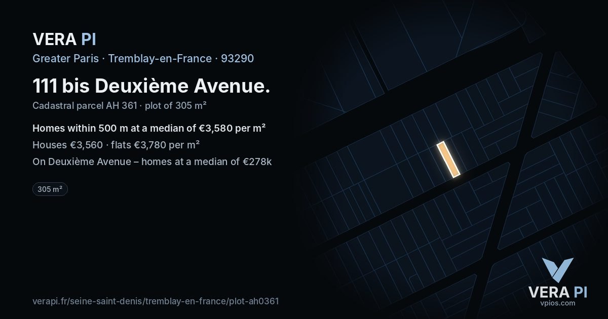 111 bis Deuxième Avenue, Tremblay-en-France at night – the plot lit, the parcels around coloured by the prices near them