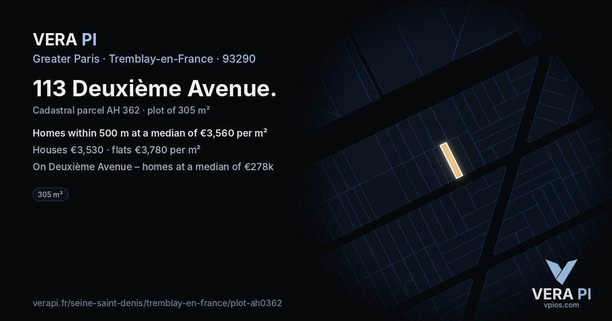 113 Deuxième Avenue, Tremblay-en-France at night – the plot lit, the parcels around coloured by the prices near them