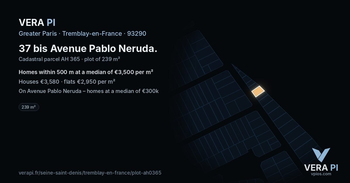 37 bis Avenue Pablo Neruda, Tremblay-en-France at night – the plot lit, the parcels around coloured by the prices near them