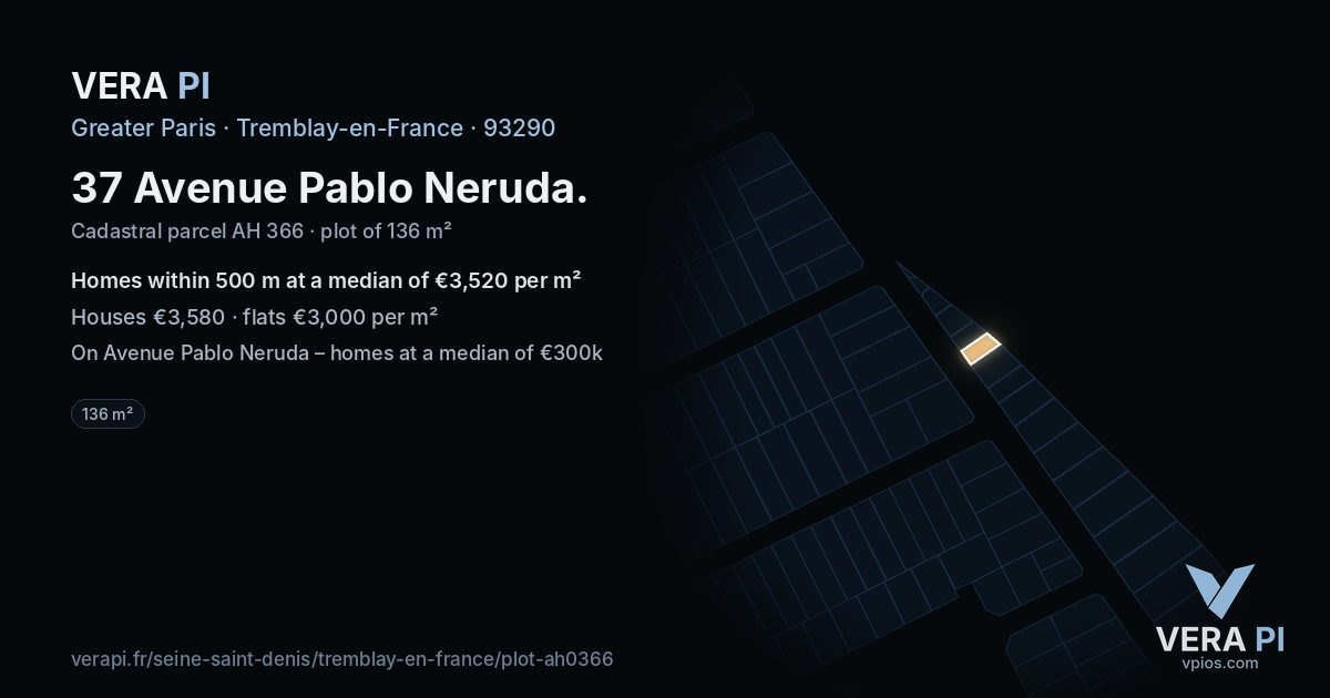 37 Avenue Pablo Neruda, Tremblay-en-France at night – the plot lit, the parcels around coloured by the prices near them
