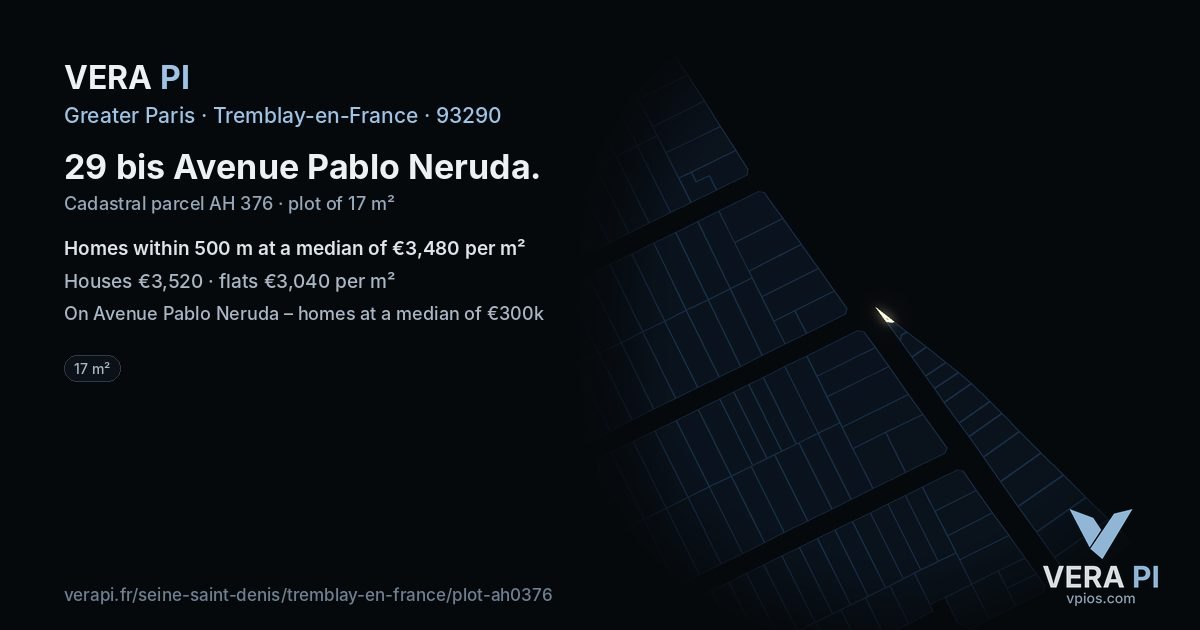 29 bis Avenue Pablo Neruda, Tremblay-en-France at night – the plot lit, the parcels around coloured by the prices near them