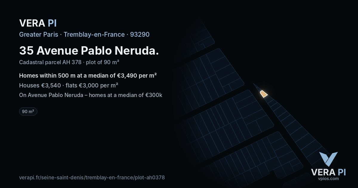 35 Avenue Pablo Neruda, Tremblay-en-France at night – the plot lit, the parcels around coloured by the prices near them