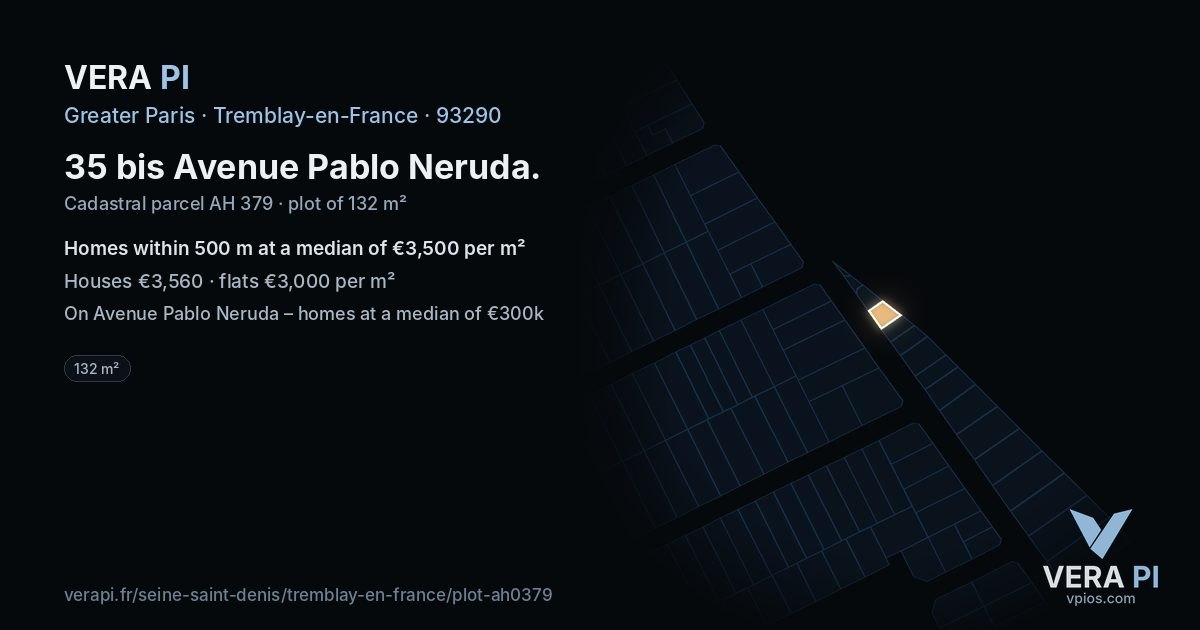 35 bis Avenue Pablo Neruda, Tremblay-en-France at night – the plot lit, the parcels around coloured by the prices near them