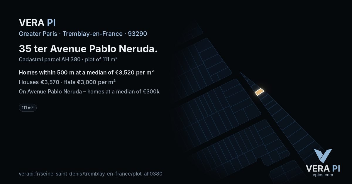 35 ter Avenue Pablo Neruda, Tremblay-en-France at night – the plot lit, the parcels around coloured by the prices near them