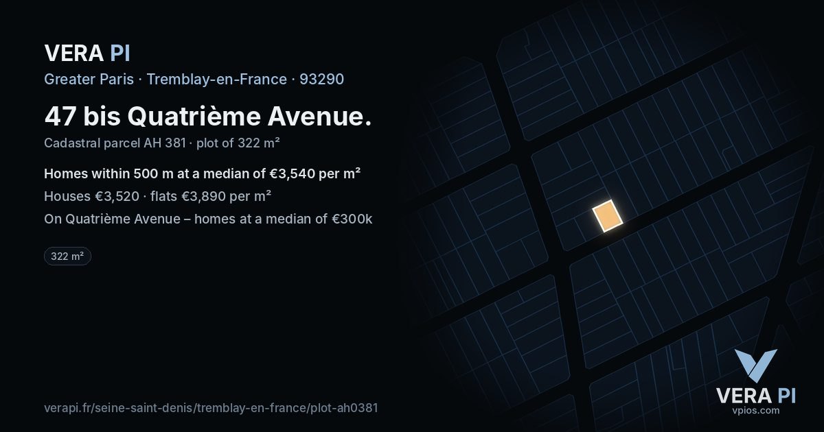 47 bis Quatrième Avenue, Tremblay-en-France at night – the plot lit, the parcels around coloured by the prices near them