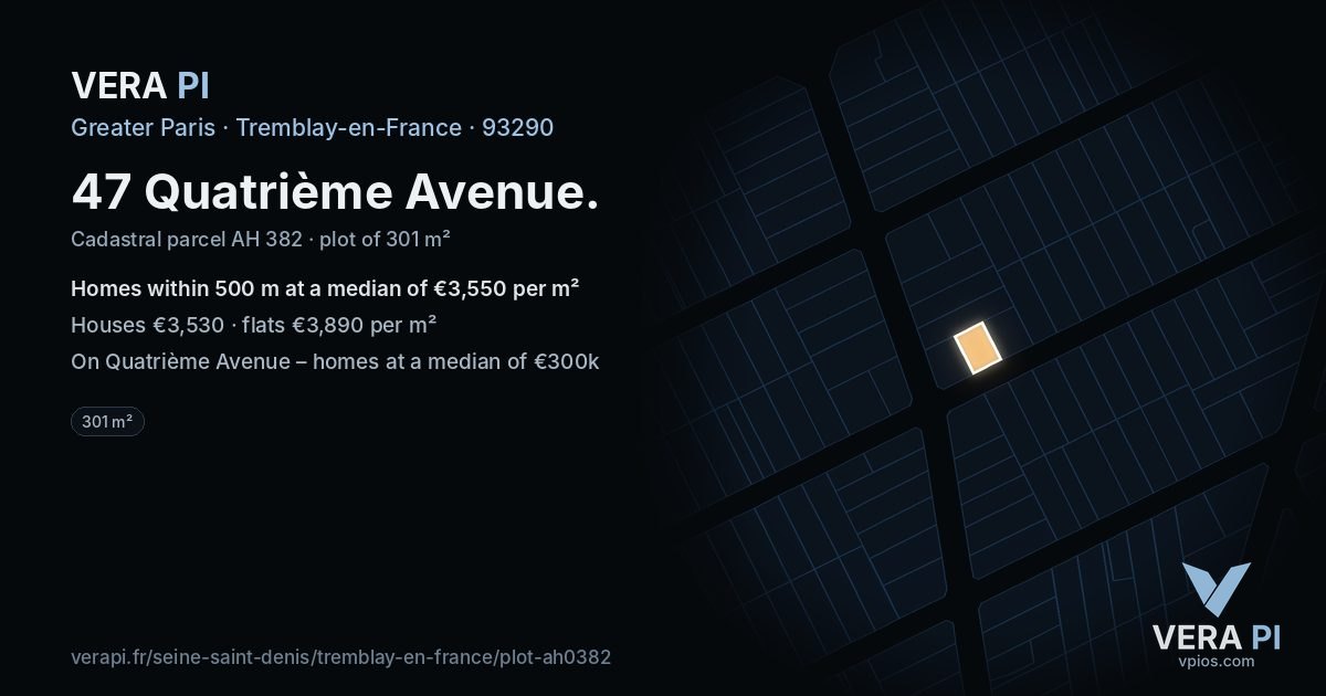 47 Quatrième Avenue, Tremblay-en-France at night – the plot lit, the parcels around coloured by the prices near them
