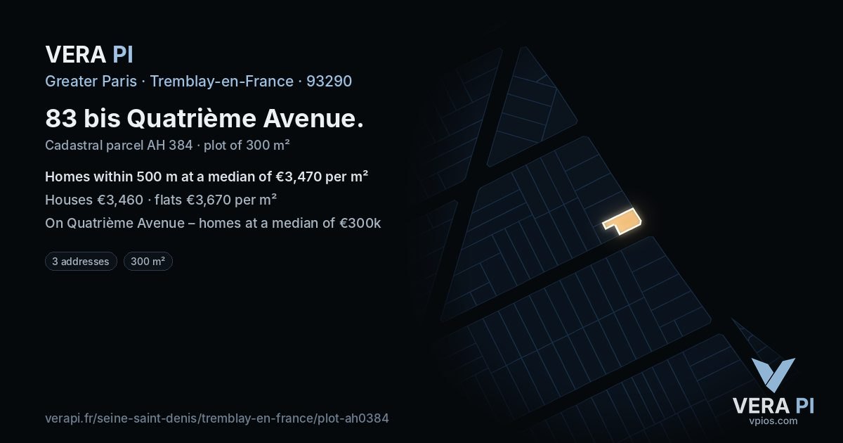83 bis Quatrième Avenue, Tremblay-en-France at night – the plot lit, the parcels around coloured by the prices near them
