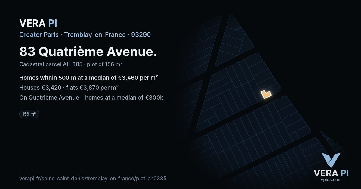 83 Quatrième Avenue, Tremblay-en-France at night – the plot lit, the parcels around coloured by the prices near them