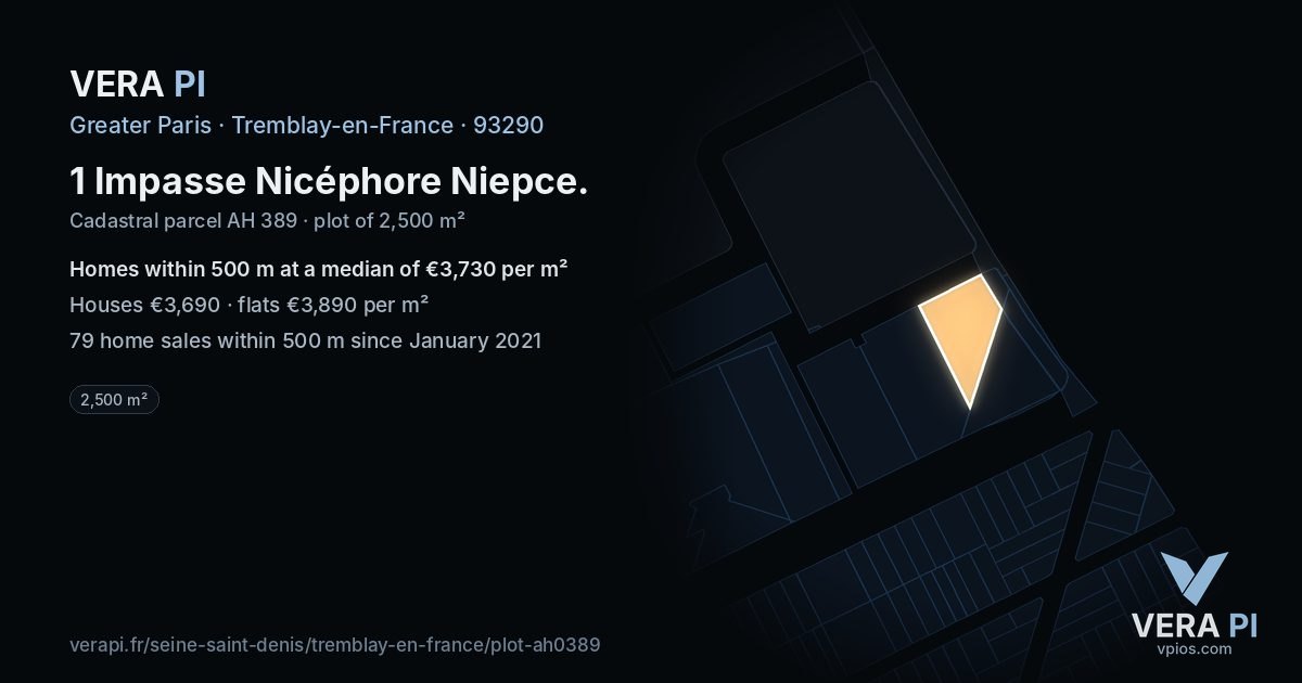 1 Impasse Nicéphore Niepce, Tremblay-en-France at night – the plot lit, the parcels around coloured by the prices near them