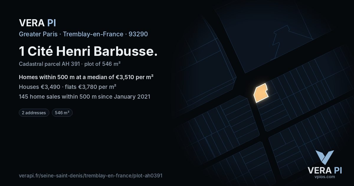 1 Cité Henri Barbusse, Tremblay-en-France at night – the plot lit, the parcels around coloured by the prices near them