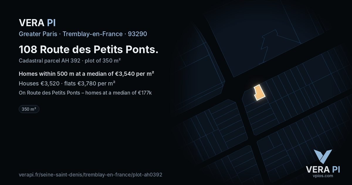 108 Route des Petits Ponts, Tremblay-en-France at night – the plot lit, the parcels around coloured by the prices near them