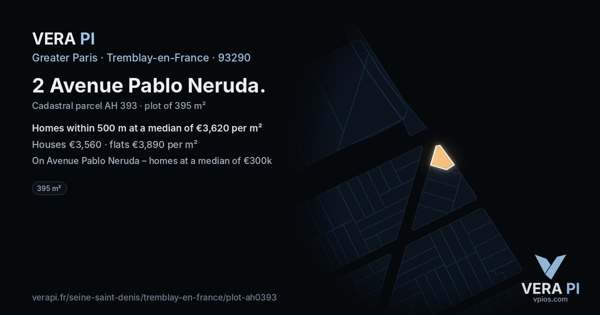 2 Avenue Pablo Neruda, Tremblay-en-France at night – the plot lit, the parcels around coloured by the prices near them