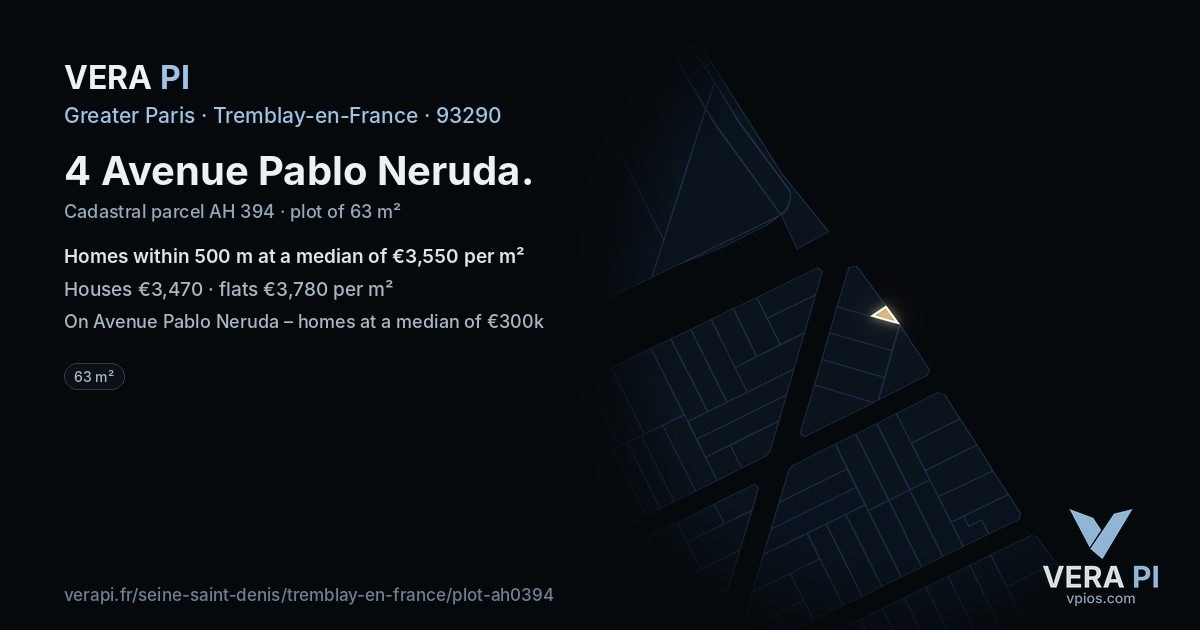 4 Avenue Pablo Neruda, Tremblay-en-France at night – the plot lit, the parcels around coloured by the prices near them