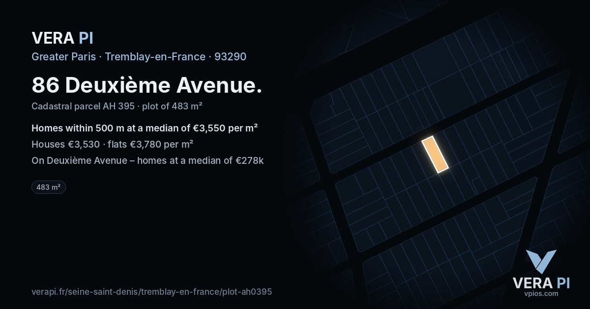 86 Deuxième Avenue, Tremblay-en-France at night – the plot lit, the parcels around coloured by the prices near them