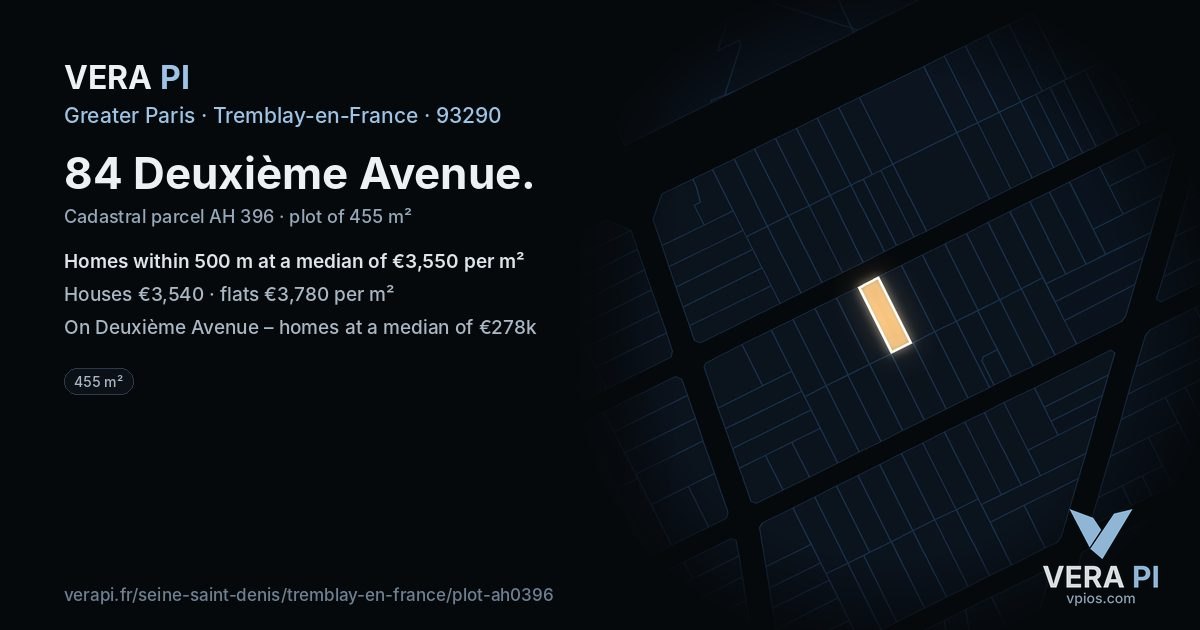 84 Deuxième Avenue, Tremblay-en-France at night – the plot lit, the parcels around coloured by the prices near them