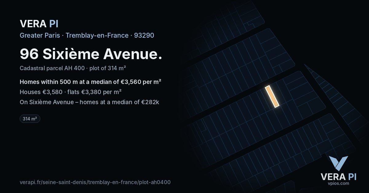 96 Sixième Avenue, Tremblay-en-France at night – the plot lit, the parcels around coloured by the prices near them