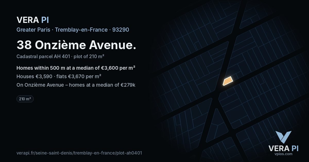 38 Onzième Avenue, Tremblay-en-France at night – the plot lit, the parcels around coloured by the prices near them