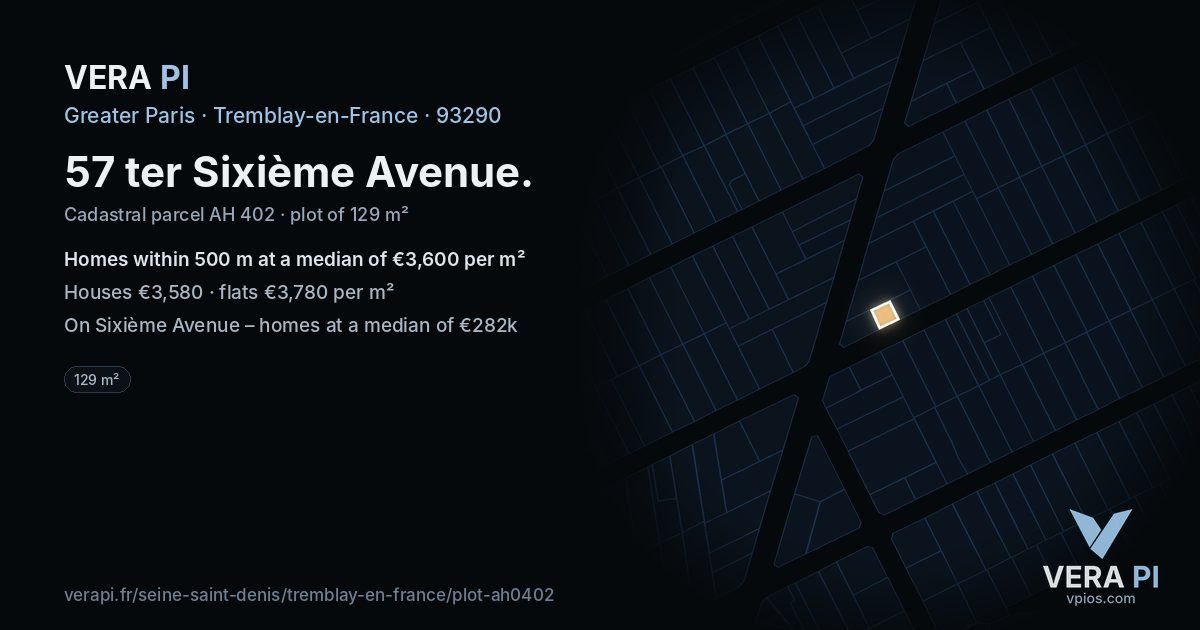 57 ter Sixième Avenue, Tremblay-en-France at night – the plot lit, the parcels around coloured by the prices near them
