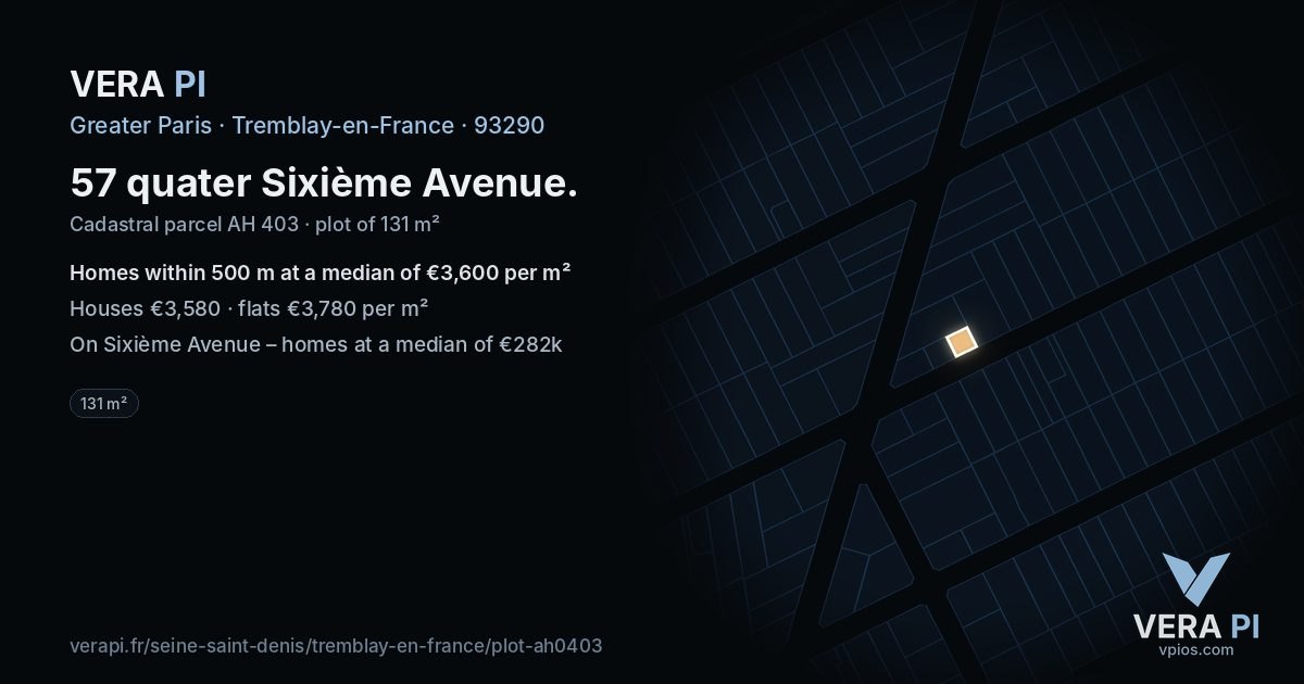 57 quater Sixième Avenue, Tremblay-en-France at night – the plot lit, the parcels around coloured by the prices near them