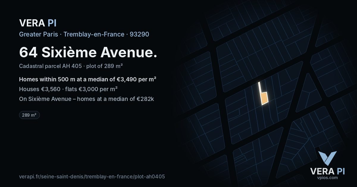 64 Sixième Avenue, Tremblay-en-France at night – the plot lit, the parcels around coloured by the prices near them