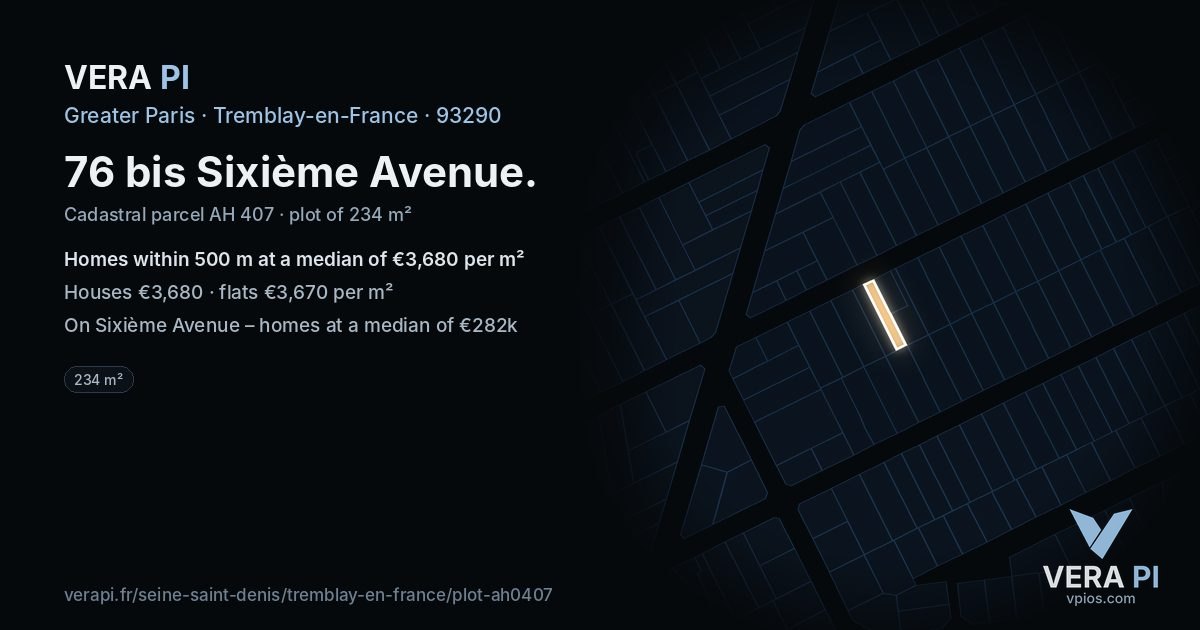 76 bis Sixième Avenue, Tremblay-en-France at night – the plot lit, the parcels around coloured by the prices near them