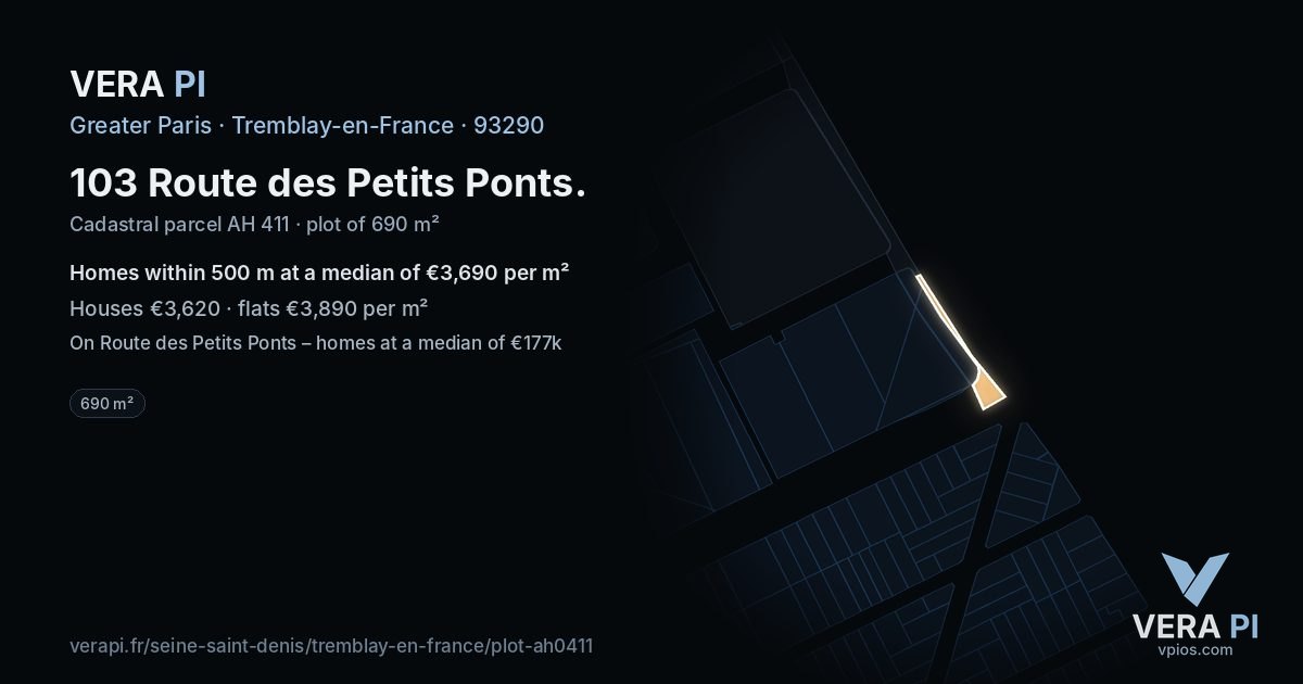 103 Route des Petits Ponts, Tremblay-en-France at night – the plot lit, the parcels around coloured by the prices near them
