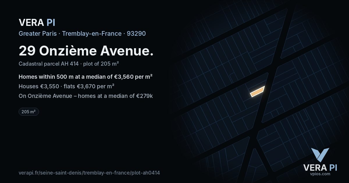 29 Onzième Avenue, Tremblay-en-France at night – the plot lit, the parcels around coloured by the prices near them