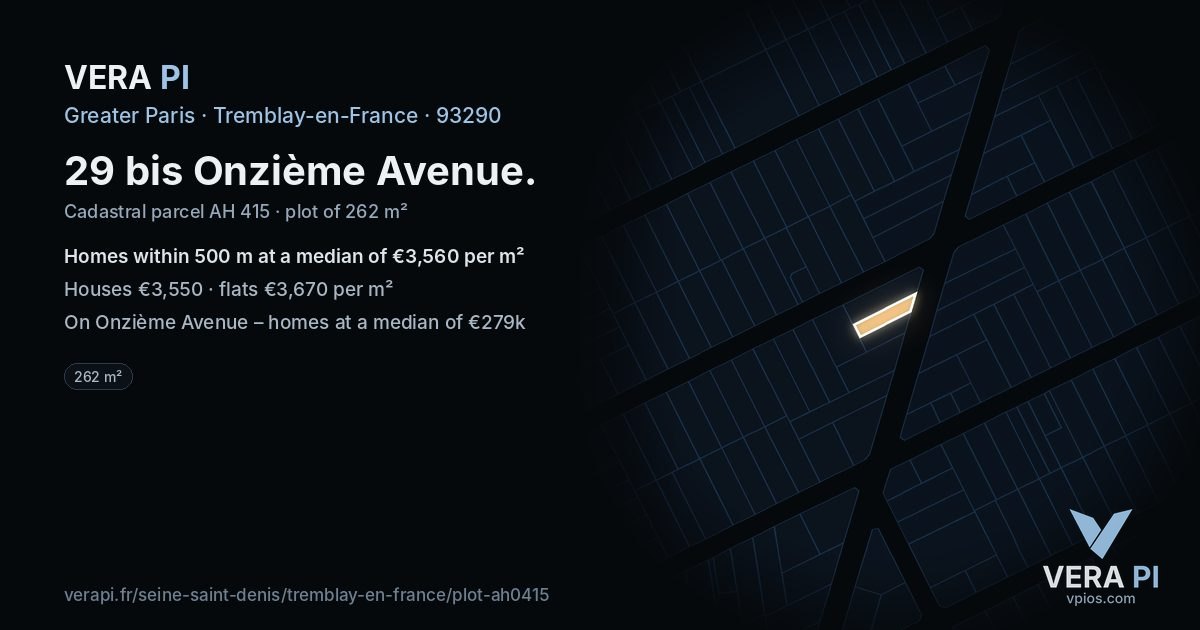 29 bis Onzième Avenue, Tremblay-en-France at night – the plot lit, the parcels around coloured by the prices near them